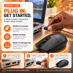 RUIOO HM260 Wired USB OPTICAL Mouse with 3 Buttons Optical Tracking and Stylish Design-USB Ergonomic Ambidextrous Computer Mouse for PC, Desktop, Laptop, Black
