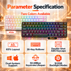 RUIOO Exclusive【 68-Key 】Mechanical Gaming Keyboard True Mechanical Switches Rainbow Backlit & Replaceable Keycaps Windows & Mac Compatible