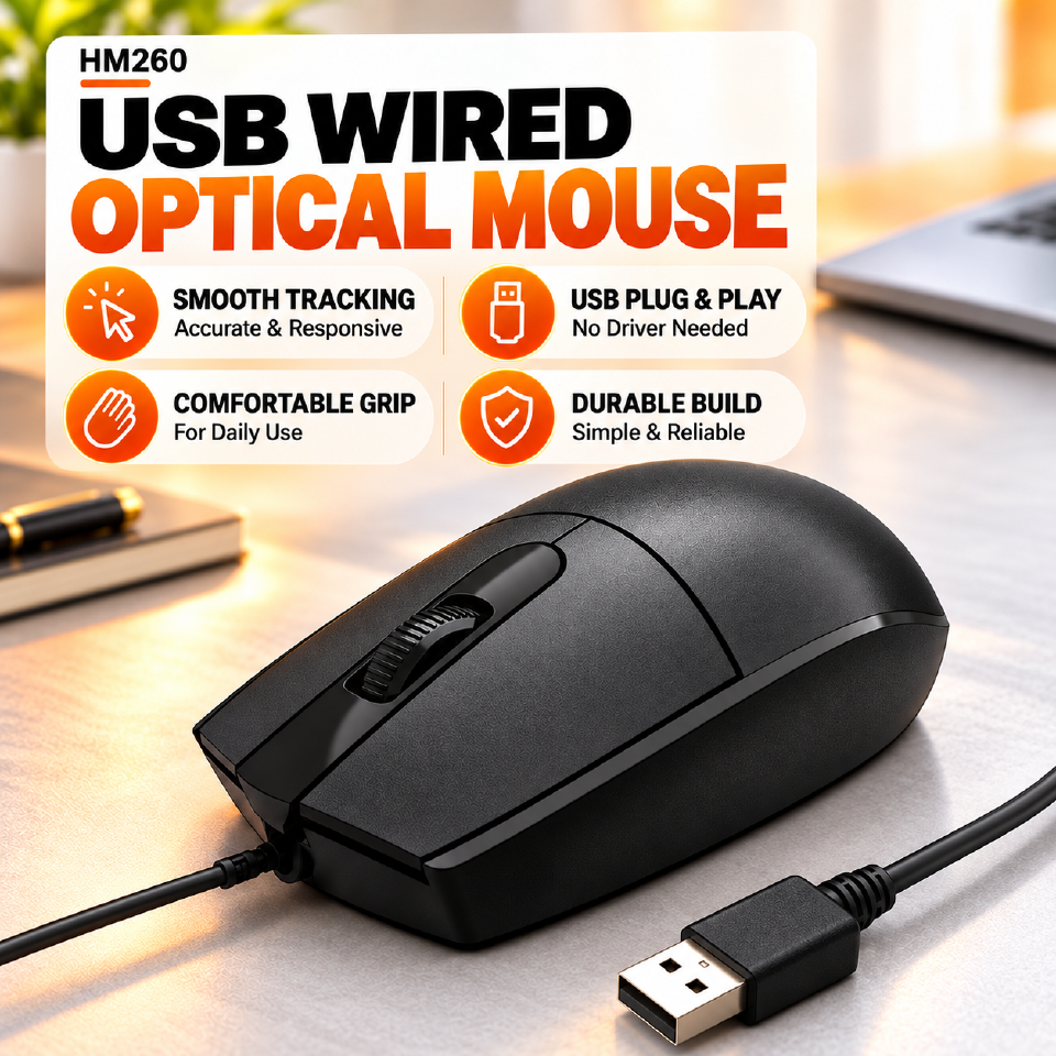 RUIOO HM260 Wired USB OPTICAL Mouse with 3 Buttons Optical Tracking and Stylish Design-USB Ergonomic Ambidextrous Computer Mouse for PC, Desktop, Laptop, Black