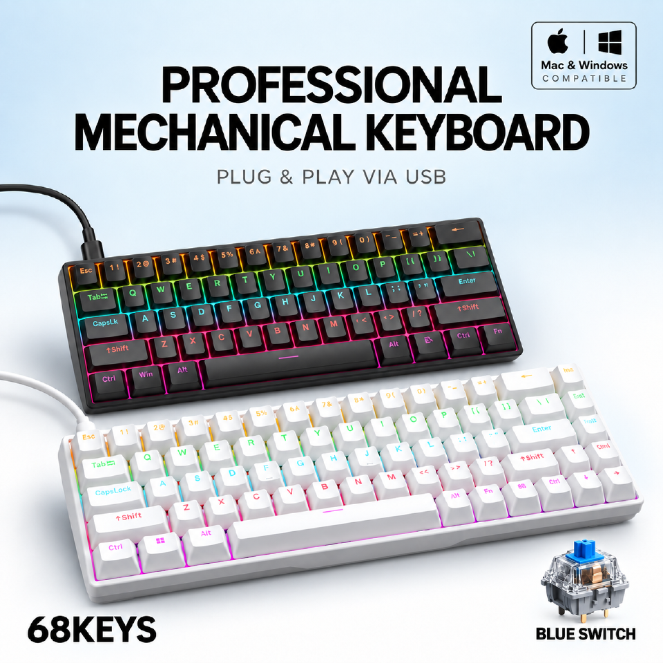 RUIOO Exclusive【 68-Key 】Mechanical Gaming Keyboard True Mechanical Switches Rainbow Backlit & Replaceable Keycaps Windows & Mac Compatible