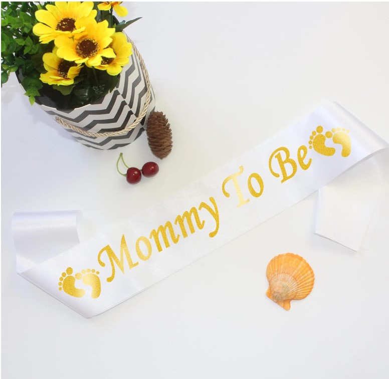 Mom To Be Sash Cotton Baby Shower Sash White Black & Gold Pregnancy Celebration Party Sash for Baby Shower Decoration Adjustable Maternity Event Accessory for Expectant Mother Photoshoot