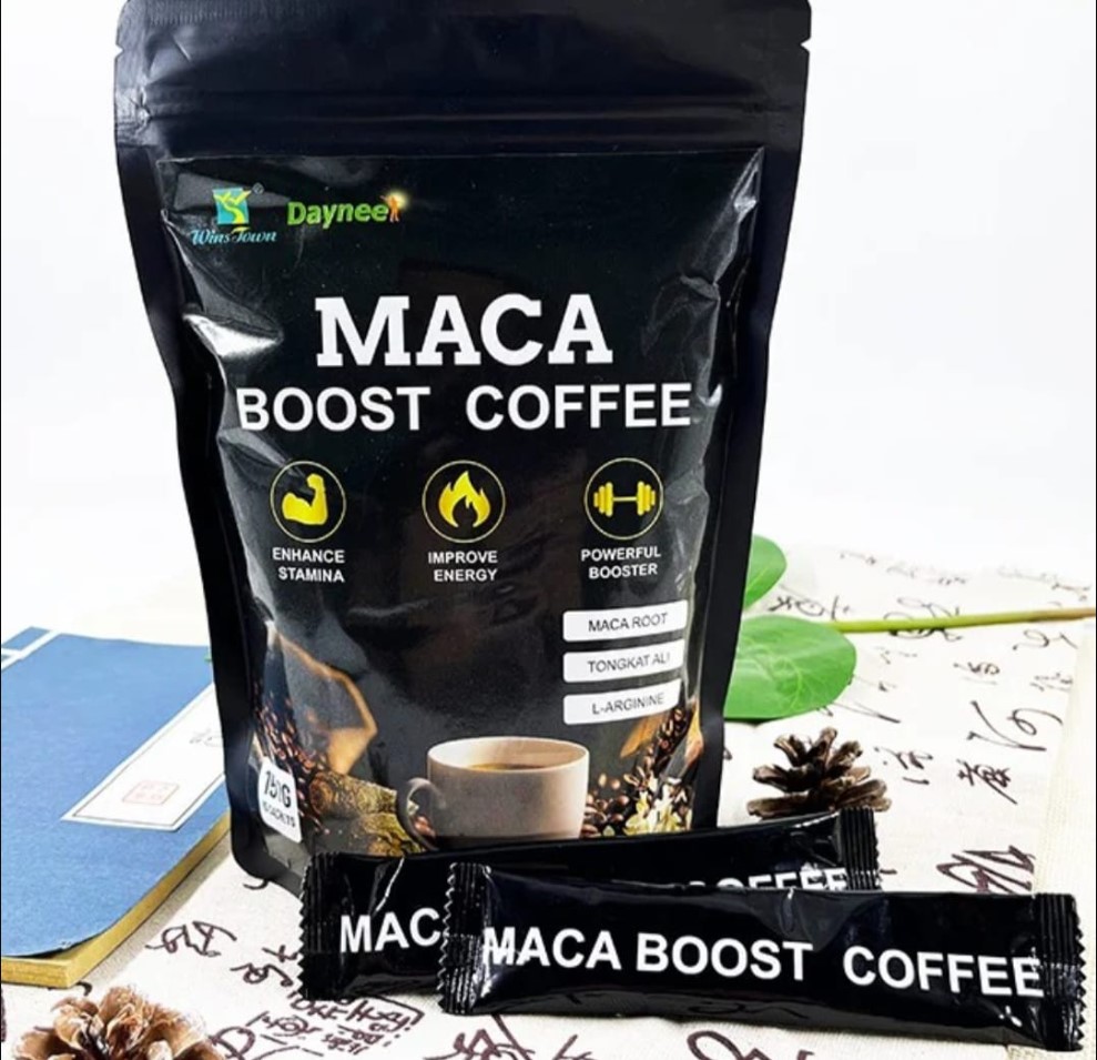 Wins Town Maca Boost Coffee Herbal Instant Energy Drink Supplement for Men Stamina & Vitality Support with Maca Root Tongkat Ali & L-Arginine Sachet Coffee Blend