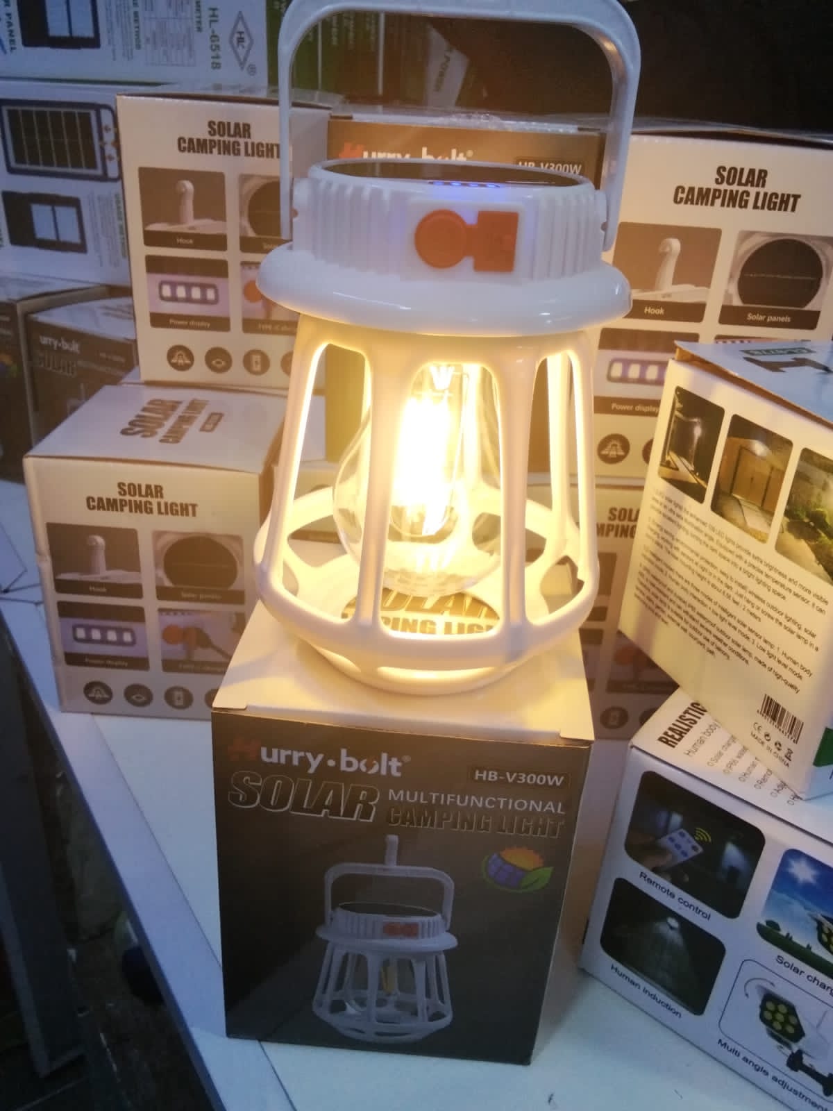 Camping Lantern Hurry Bolt HB-V300W Solar Multifunctional Camping Lantern COB LED Rechargeable Emergency Light with USB Charging Retro Style Outdoor Camping Hiking & Home Power Backup Lamp
