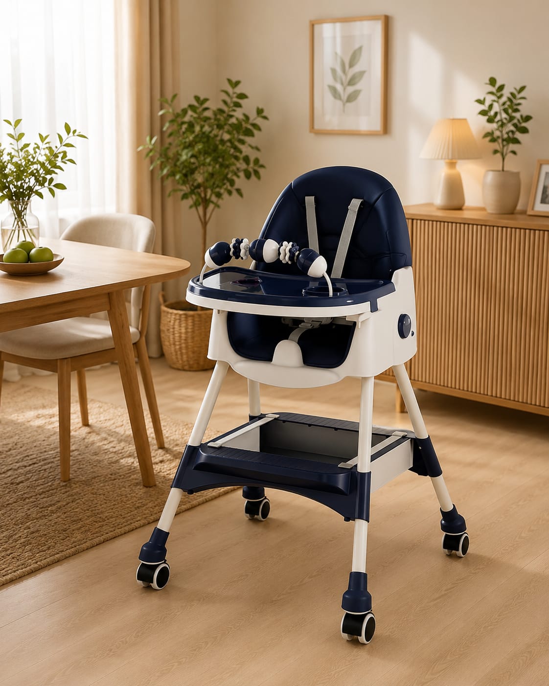 LATEST 5 in 1 Convertible Baby High Chair Foldable Reclining Adjustable Height Removable Tray Toy Bar Safety Harness Wheels Rocking Chair Feeding Seat NEW MODEL
