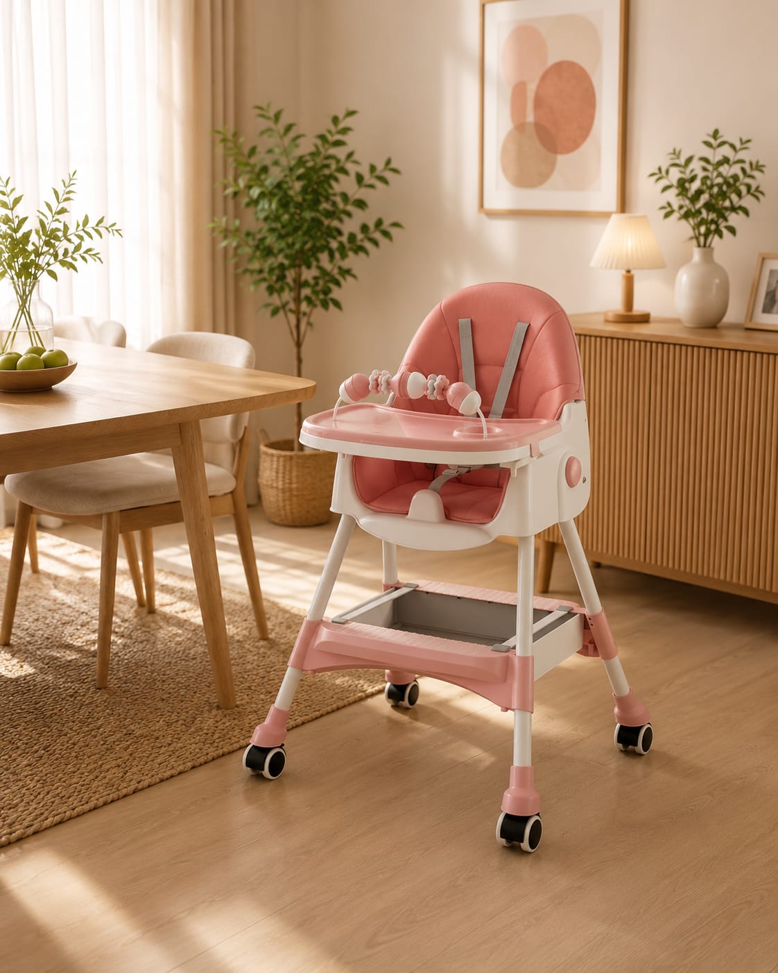 LATEST 5 in 1 Convertible Baby High Chair Foldable Reclining Adjustable Height Removable Tray Toy Bar Safety Harness Wheels Rocking Chair Feeding Seat