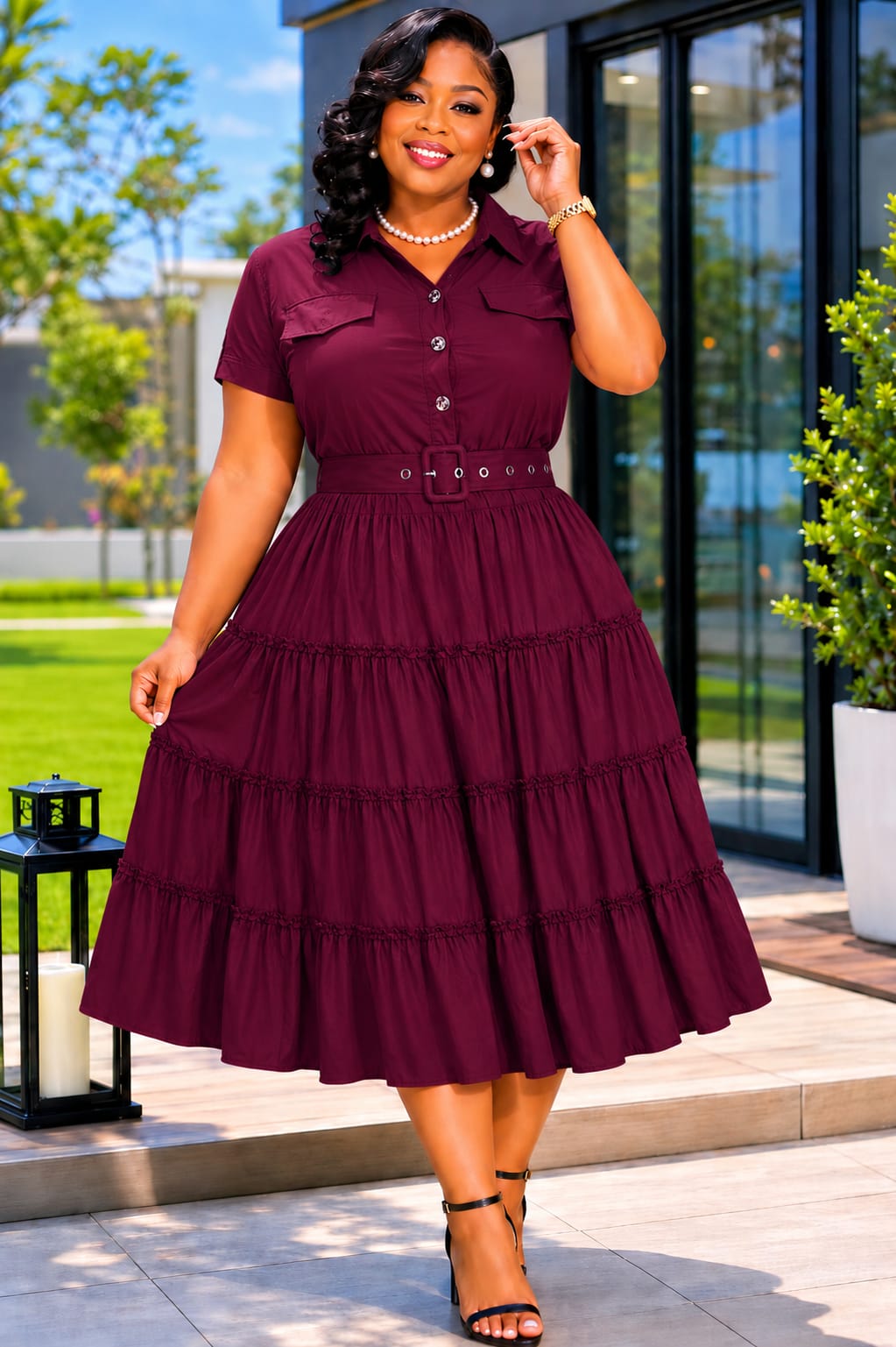 Women's Elegant Belted Tiered Midi Shirt Dress