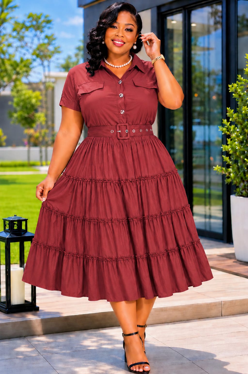 Women's Elegant Belted Tiered Midi Shirt Dress