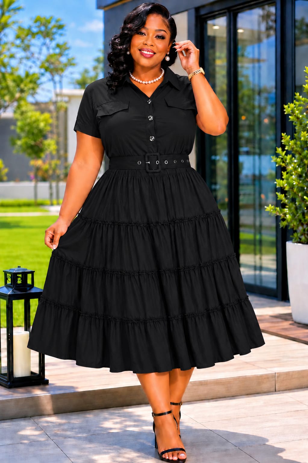 Women's Elegant Belted Tiered Midi Shirt Dress