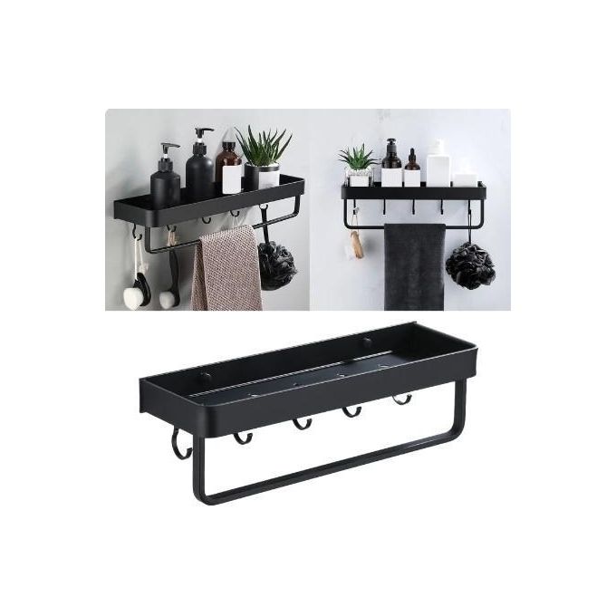 Bathroom Storage Tray Towel Bar Dual-Purpose Metal Shelf Wall Mounted Shampoo Holder for Kitchen & Bathroom, Black, Space-Saving Organizer