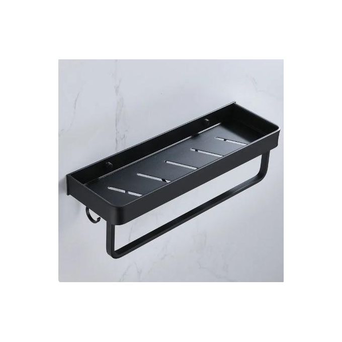 Bathroom Storage Tray Towel Bar Dual-Purpose Metal Shelf Wall Mounted Shampoo Holder for Kitchen & Bathroom, Black, Space-Saving Organizer