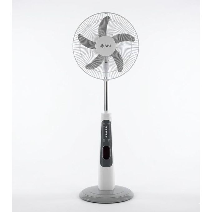 SPJ Solar Rechargeable Pedestal Fan with Built-in Light, USB Charger, and Dual DC Outputs - White & Grey