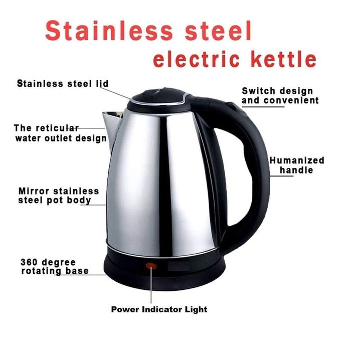 Fast Boiling Percolator Kettle 2 Liters - Silver/Black, Electric Hot Water Kettle for Kitchen, Durable Stainless Steel, Quick Heating, Large Capacity for Family Use