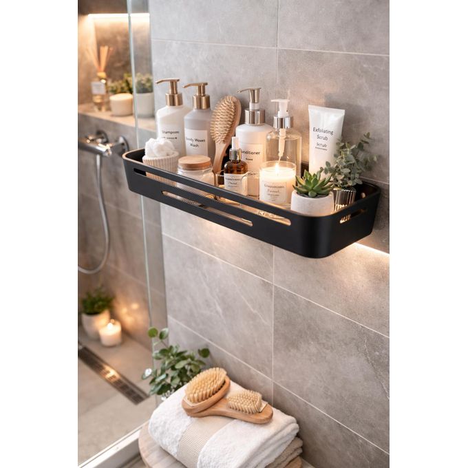 Bathroom Storage Tray Towel Bar Dual-Purpose Metal Shelf Wall Mounted Shampoo Holder for Kitchen & Bathroom, Black, Space-Saving Organizer