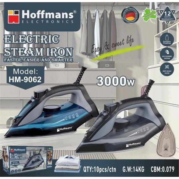 Hoffmans High-Power Electric Steam Iron HM-9062 - Green/Black, Fast Heat, Non-Stick Soleplate, Vertical Steam, Anti-Drip, Self-Cleaning, for All Fabrics, Home & Travel