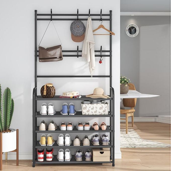Bekia Integrated Shoe Rack and Coat Rack Multi Functional Storage Rack for Home Entryway, Black, Space Saving Organizer