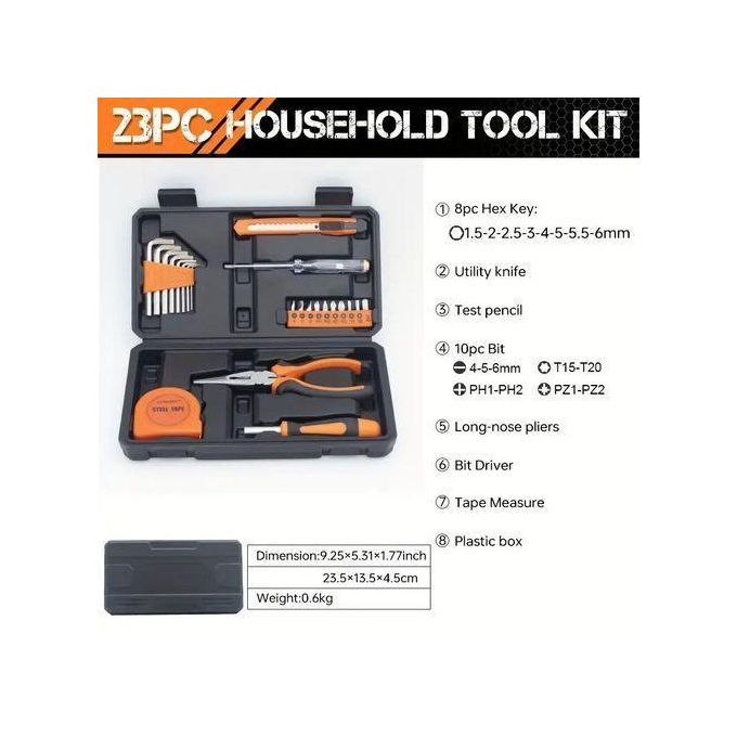 TIMBUTUS TIMBUTUS 23-Piece Home Repair Tool Set - Carbon Steel, Plastic Case, Multi-Purpose Use, Orange