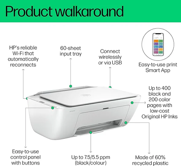 (+ FREE Printer Cable) HP DeskJet Ink Advantage 2875 All-in-One Printer | HP DeskJet Ink Advantage 2875 Colour Inkjet Printer for Home and Office | HP 2320 Print Scan Copy Multifunction Machine