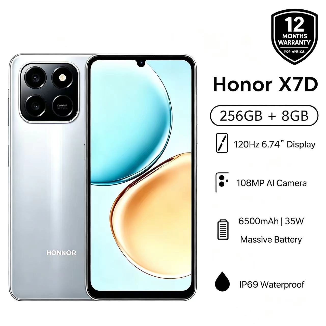 Brand New Honor X7D 256GB+16GB(8+8)GB 6500mAh Massive Battery 120Hz 6.74" Display Snapdragon 685 108MP AI Camera IP65 Waterproof Android 15 4G Dual Sim Smart Phones