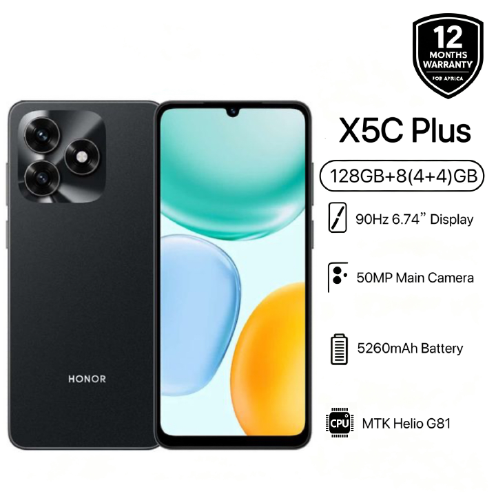 [Today Only] Brand New Honor X5C Plus 128GB+8(4+4)GB Storage 90Hz 6.74" Display MediaTek Helio G81 50MP Main Camera 5260mAh Massive Battery Side Fingerprint 4G Smart Phones Midnight Black