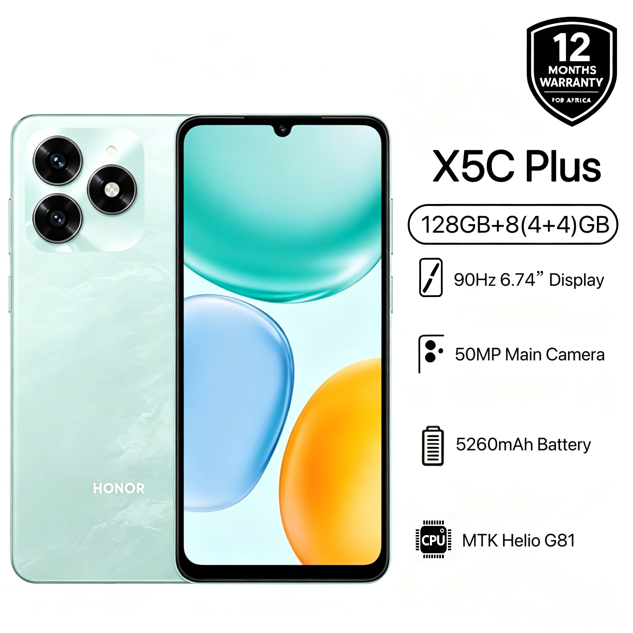 Brand New Honor X5C Plus 128GB+8(4+4)GB Storage 90Hz 6.74" Display MediaTek Helio G81 50MP Main Camera 5260mAh Massive Battery Side Fingerprint 4G Smart Phones Midnight Black