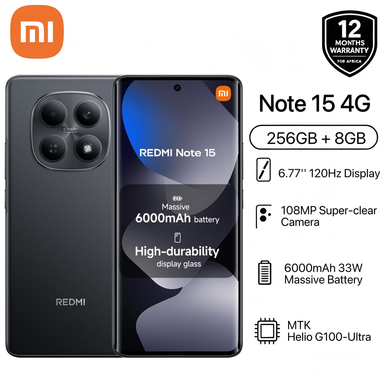 [Xiaomi Official] Redmi Note 15 128GB + 6GB 120Hz 6.77" 3D Curved Screen MediaTek Helio G100-Ultra 6000mAh Massive Battery 108MP Super-clear Camera Android 15  Type C Charger Dual SIM Smart Phones