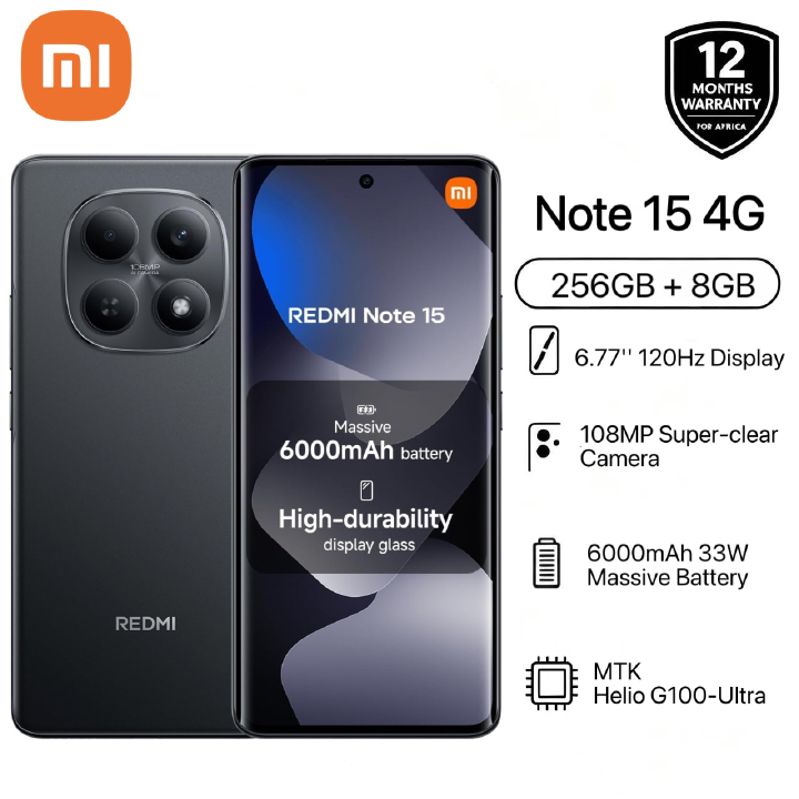 [Free Gift] Redmi Note 15 128GB + 6GB 120Hz 6.77" 3D Curved Screen MediaTek Helio G100-Ultra 6000mAh Massive Battery 108MP Super-clear Camera Android 15  Type C Charger Dual SIM Smart Phones