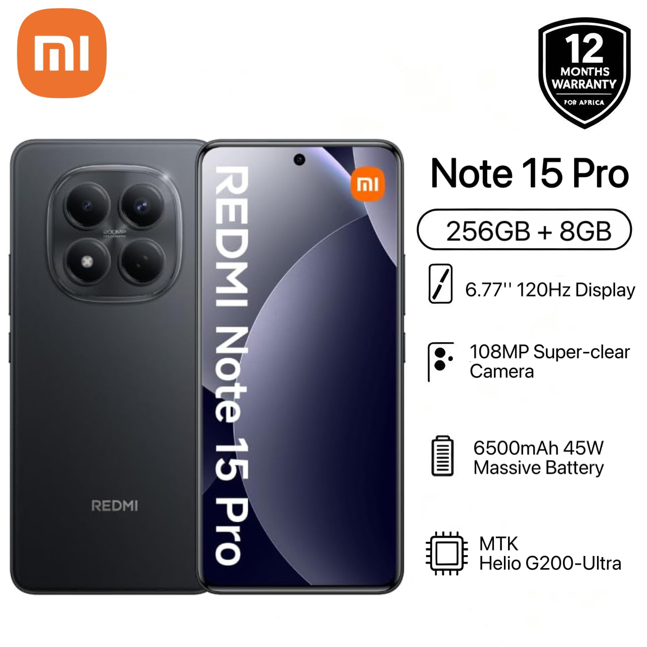 [Xiaomi Official] Redmi Note 15 Pro 256GB + 8GB 6.77" 120Hz AMOLED Display MediaTek Helio G200-Ultra 6500mAh Massive Battery 108MP Super-clear Camera IP65 Watreproof Type C Charger Smart Phones