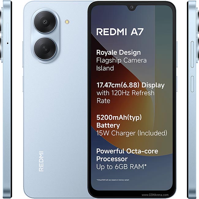 [Xiaomi Official] Brand New Redmi A7 64GB + 3GB 120Hz 6.88" Display 5200mAh Massive Battery 13MP AI Camera Android 15 Side Fingerprint Face Unlock Type C Charger Dual SIM Smart Phones