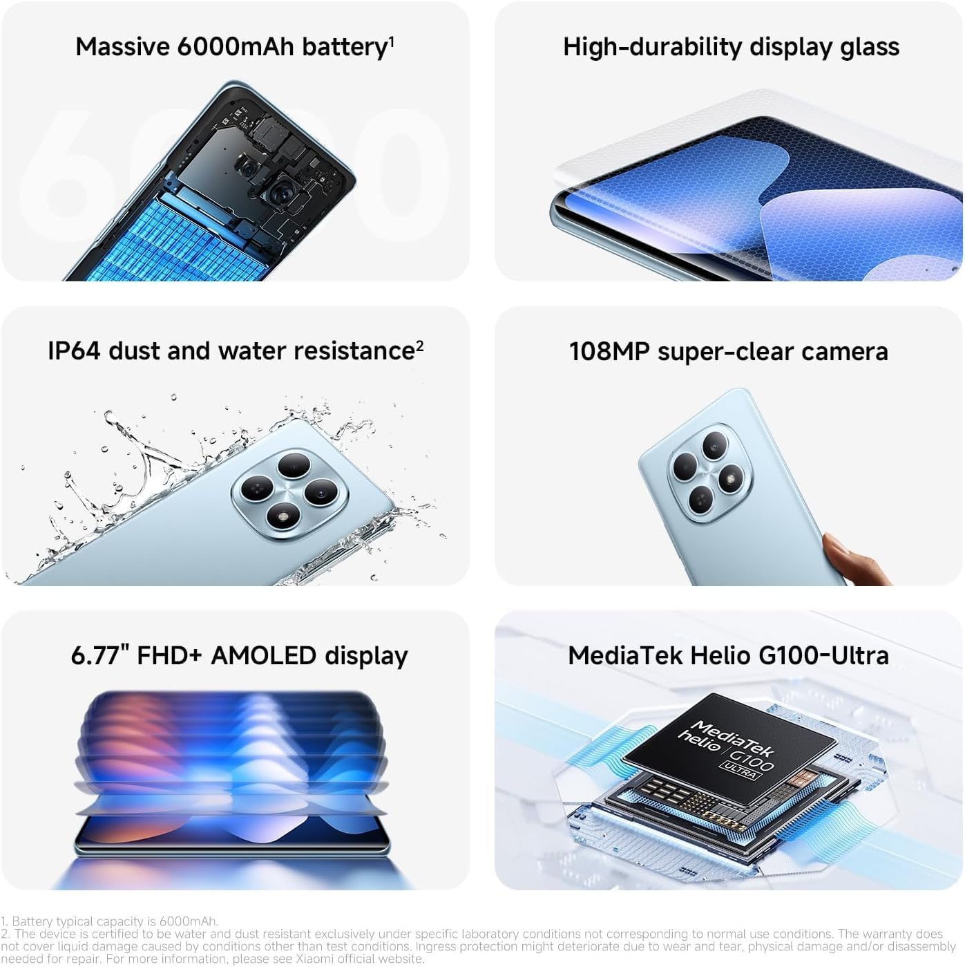 [Xiaomi Official] Redmi Note 15 128GB + 6GB 120Hz 6.77" 3D Curved Screen MediaTek Helio G100-Ultra 6000mAh Massive Battery 108MP Super-clear Camera Android 15  Type C Charger Dual SIM Smart Phones