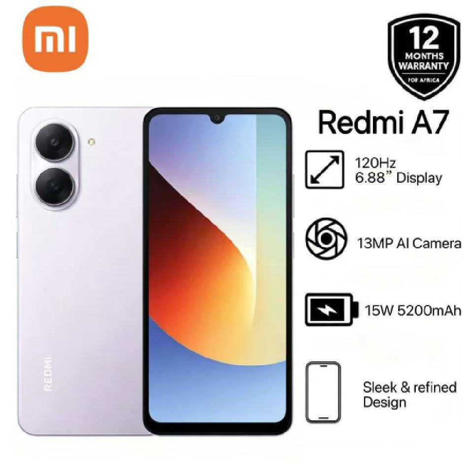 [Xiaomi Official] Brand New Redmi A7 64GB + 3GB 120Hz 6.88" Display 5200mAh Massive Battery 13MP AI Camera Android 15 Side Fingerprint Face Unlock Type C Charger Dual SIM Smart Phones