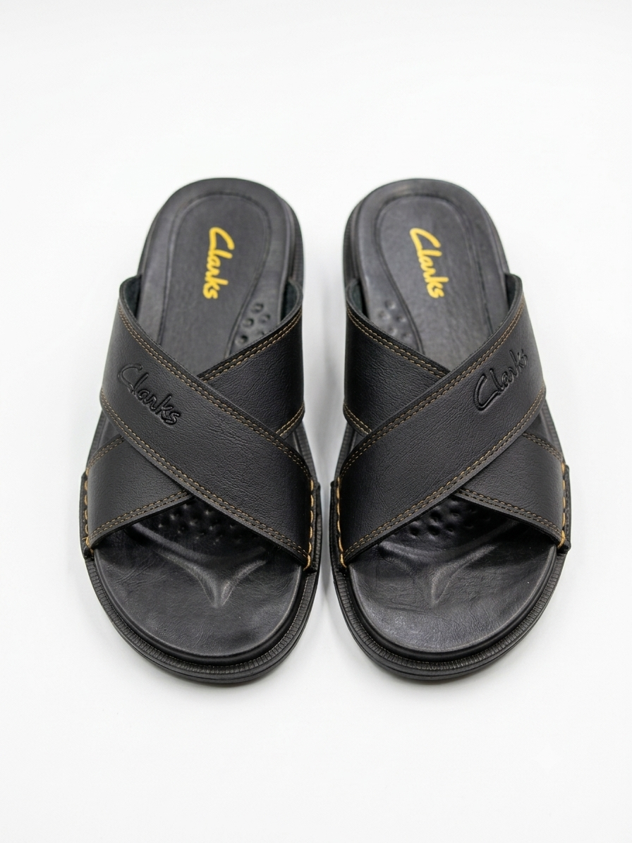 Clarks Men's Premium Black Leather Cross-Strap Slide Sandals – Casual Slip-On Slippers