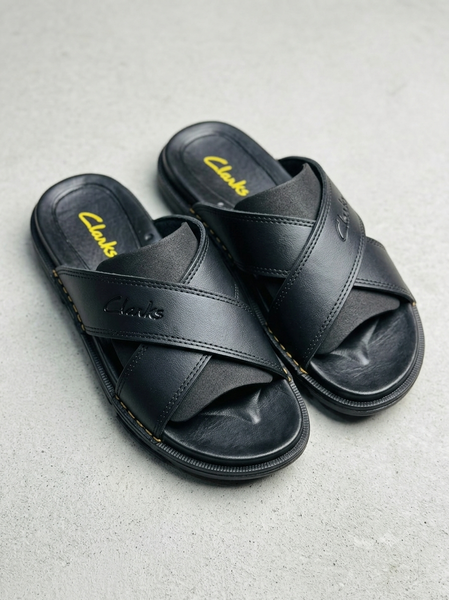 Clarks Men's Premium Black Leather Cross-Strap Slide Sandals – Casual Slip-On Slippers