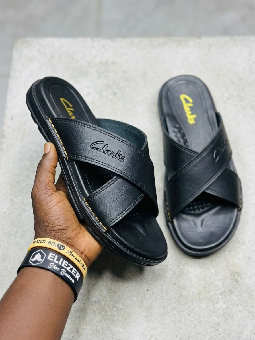 Clarks Men's Premium Black Leather Cross-Strap Slide Sandals – Casual Slip-On Slippers