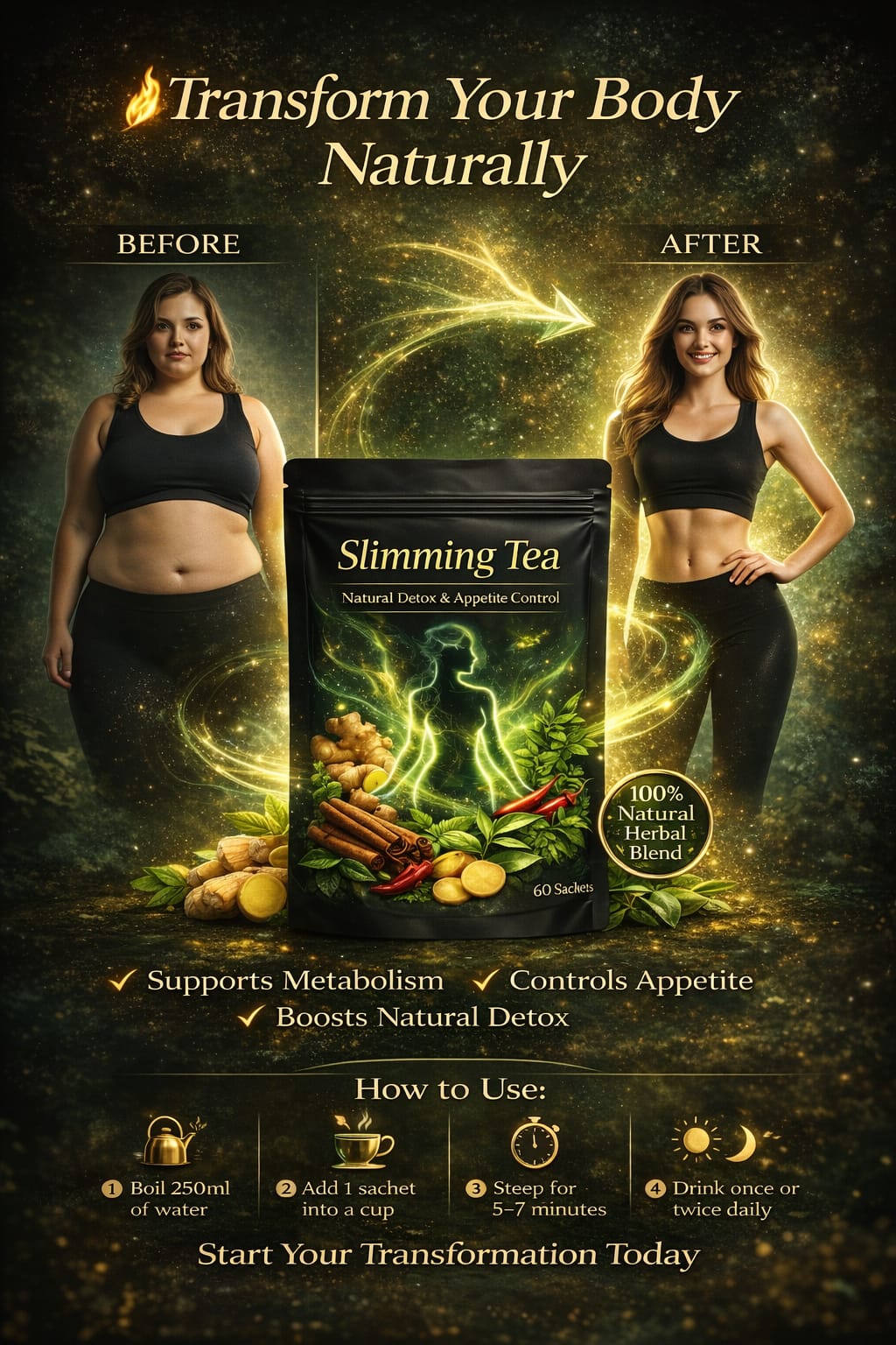 Organic herbal slimming tea made with natural ingredients like moringa, cayenne pepper,tumeric,mint and cinnamon for slow fat burn