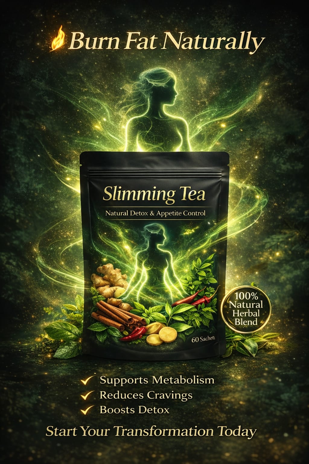 Organic herbal slimming tea made with natural ingredients like moringa, cayenne pepper,tumeric,mint and cinnamon for slow fat burn