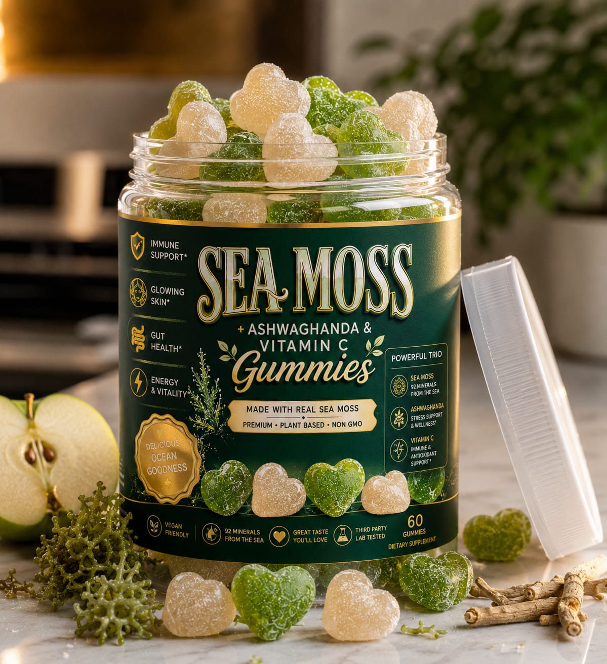 Premium sea moss gummies with ashwagandha & vitamin C. Support immunity, skin, gut health & energy, Vegan, healthy sweet treat.