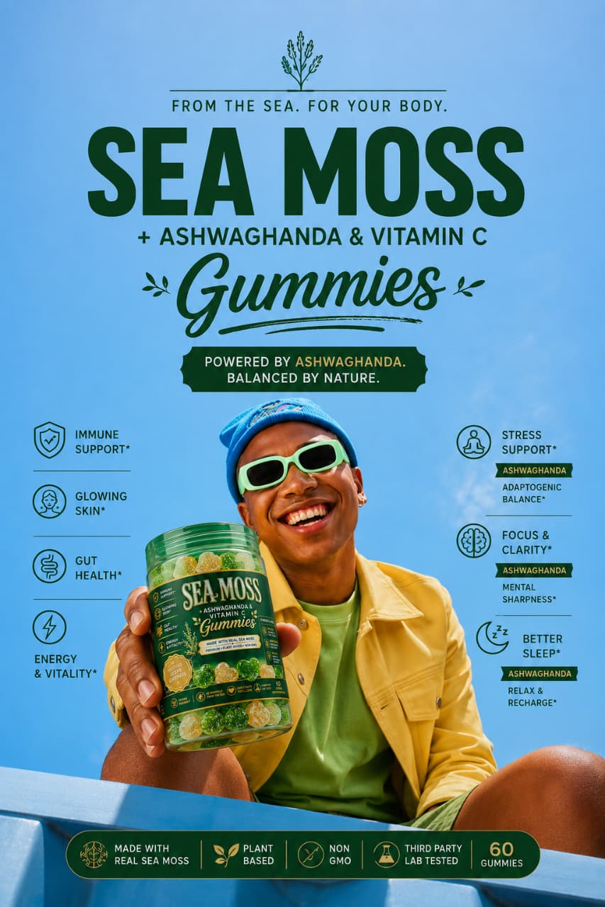 Premium sea moss gummies with ashwagandha & vitamin C. Support immunity, skin, gut health & energy, Vegan, healthy sweet treat.