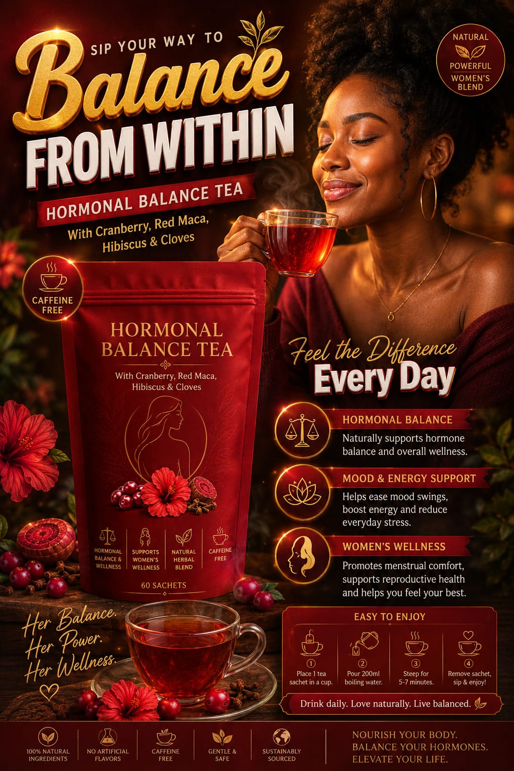 Hormonal balance tea with cranberry hibiscus and red maca.