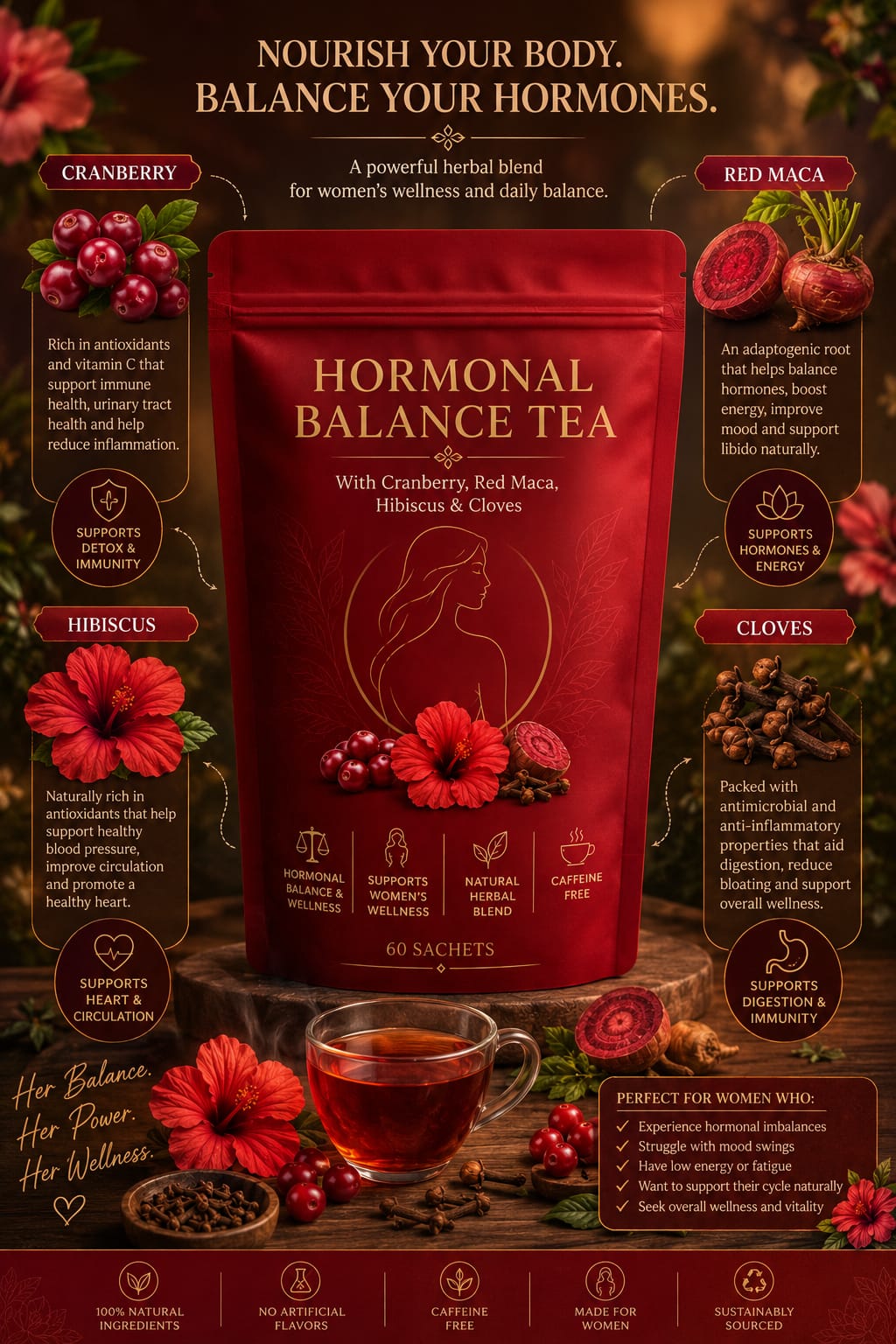 Hormonal balance tea with cranberry hibiscus and red maca.
