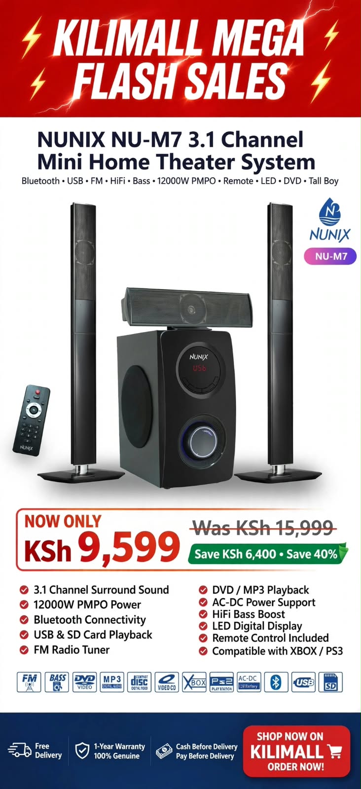 Nunix NU-M7 3.1 Channel Mini Home Theater System with Tall Boy Speakers, Bluetooth, USB, SD, FM Radio and Remote