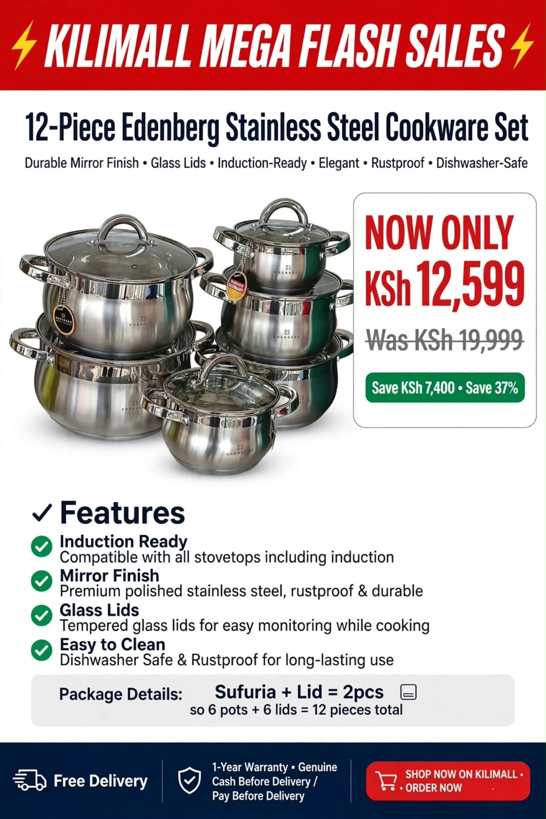 12-Piece Edenberg Stainless Steel Cookware Set with Glass Lids – 6 Pots and 6 Lids