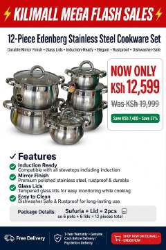 12-Piece Edenberg Stainless Steel Cookware Set with Glass Lids – 6 Pots and 6 Lids