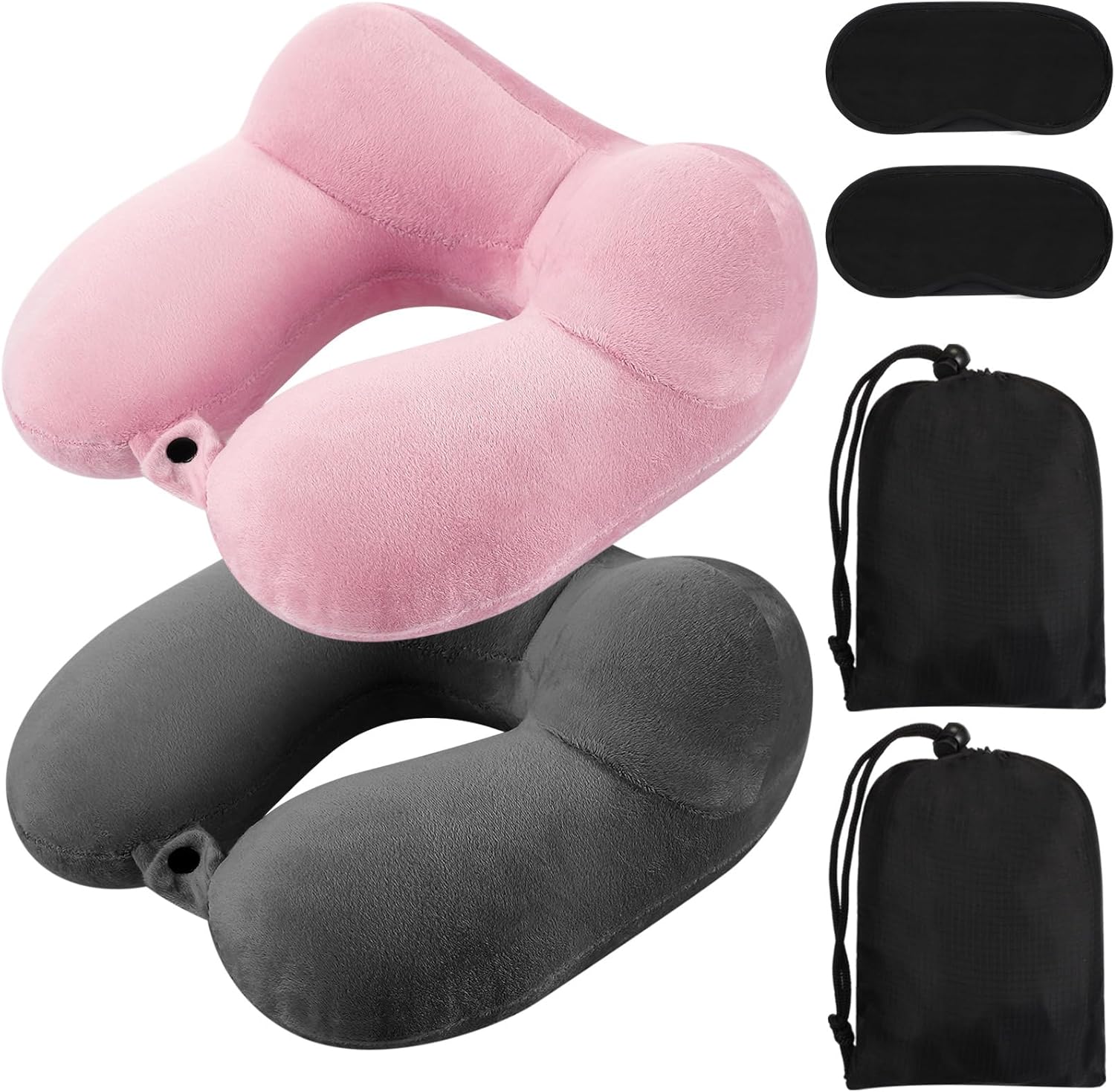 Soft Inflatable Travel Pillow for Airplanes Velvet Inflatable Travel Neck Pillows with Compact Bag and Blindfold for Traveling, Airplane, Train, Car, Office