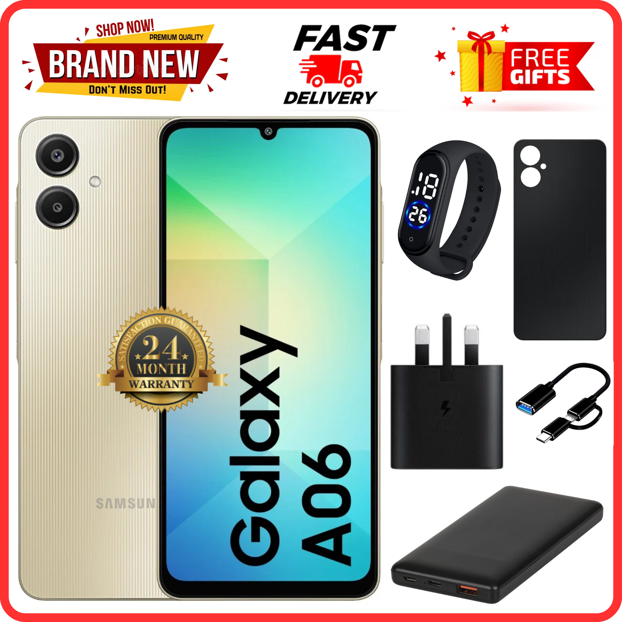 MEGA DEALS🔥🔥🔥 BRAND NEW SAMSUNG A06 6.7 DISPLAY 4GB RAM + 128GB ROM 5000MAH SMARTPHONE DUAL SIM COMES WITH FREE GIFTS ( AIRPODS + SMART WATCH+ POWER BANK)