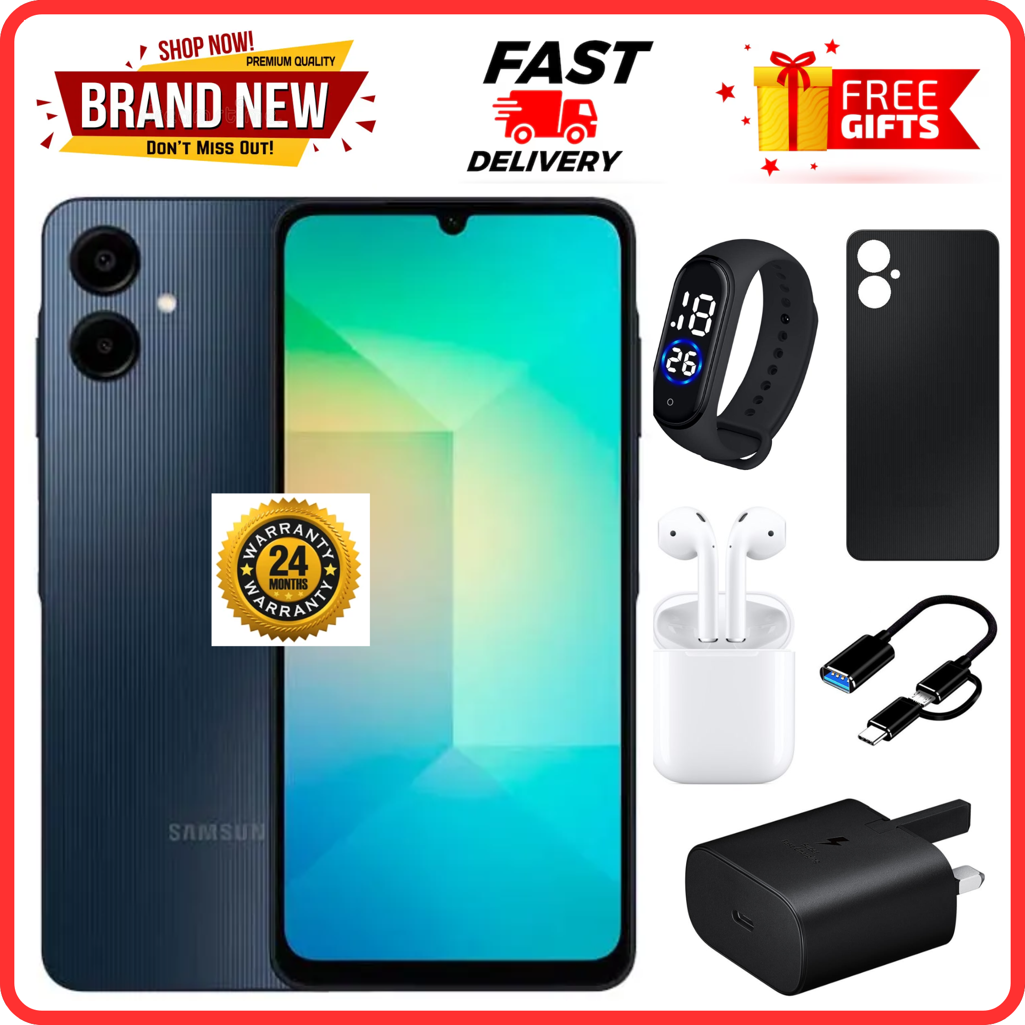 MEGA DEALS🔥🔥🔥 BRAND NEW SAMSUNG A06 6.7 DISPLAY 4GB RAM +  64GB ROM 5000MAH SMARTPHONE DUAL SIM COMES WITH FREE GIFTS ( AIRPODS + SMART WATCH+ POWER BANK)