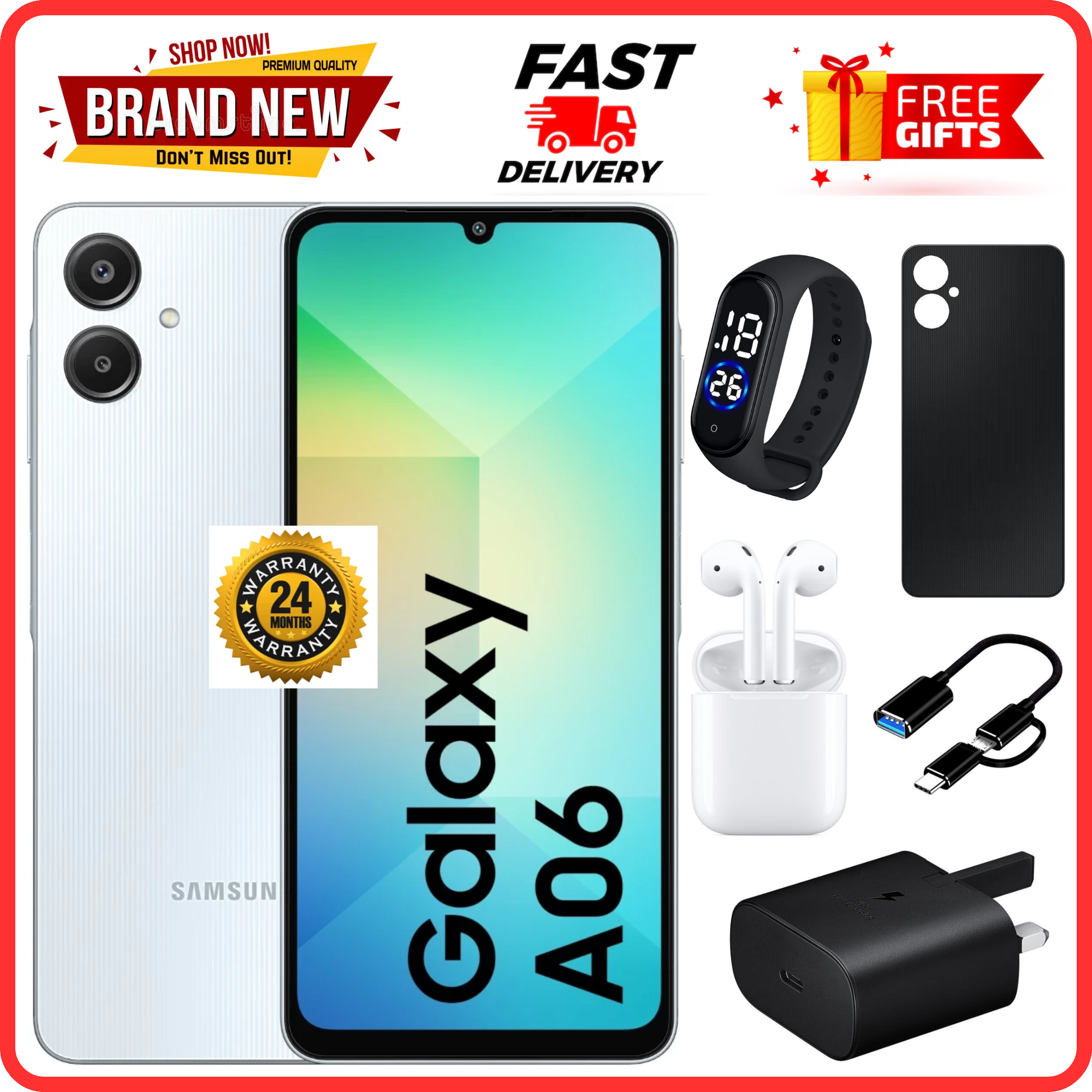 MEGA DEALS🔥🔥🔥 BRAND NEW SAMSUNG A06 6.7 DISPLAY 4GB RAM +  64GB ROM 5000MAH SMARTPHONE DUAL SIM COMES WITH FREE GIFTS ( AIRPODS + SMART WATCH+ POWER BANK)