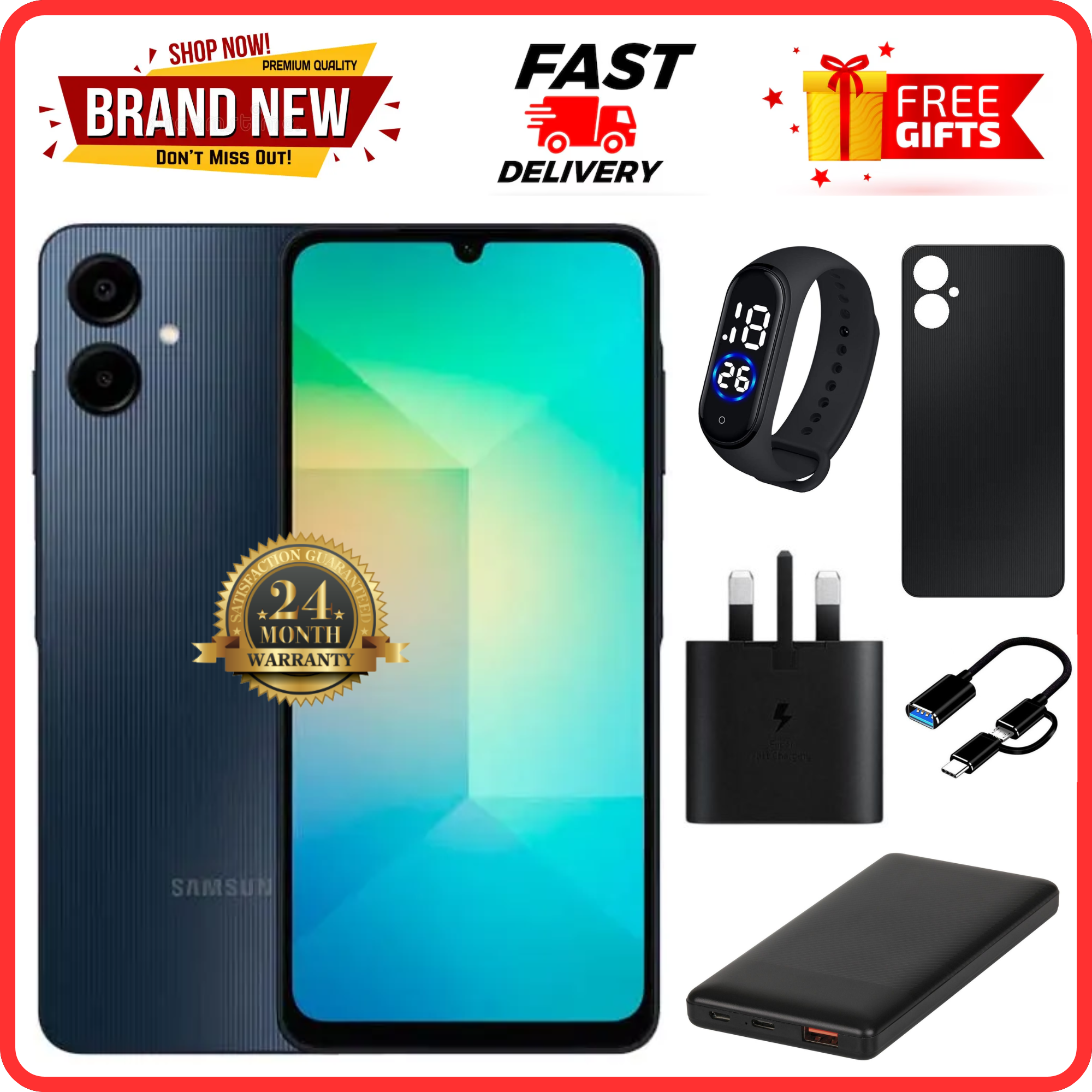 MEGA DEALS🔥🔥🔥 BRAND NEW SAMSUNG A06 6.7 DISPLAY 4GB RAM + 128GB ROM 5000MAH SMARTPHONE DUAL SIM COMES WITH FREE GIFTS ( AIRPODS + SMART WATCH+ POWER BANK)