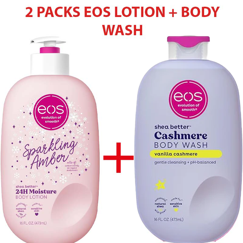 2 Packs EOS Body Care Set Sparkling Amber Body Lotion Raspberry Shea Butter Body Wash Moisturizing Hydrating Skin Care Combo Long Lasting Fragrance Smooth Soft Skin Daily Use for Women Men