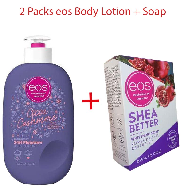 2 Packs Eos Cocoa Caramel Body Lotion Plus Eos Raspberry Soap 2 Pack Moisturizing Brightening Deep Cleansing Skincare Set for Soft Smooth Face Body Care Women Men