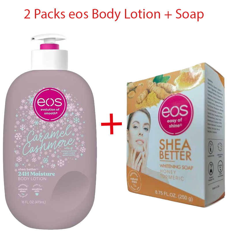 Eos Caramel Cashmere Body Lotion Plus Eos Shea Butter Honey Turmeric Soap 2 Pack Moisturizing Brightening Skincare Set for Dry Skin Smooth Glowing Face Body Care Women Men